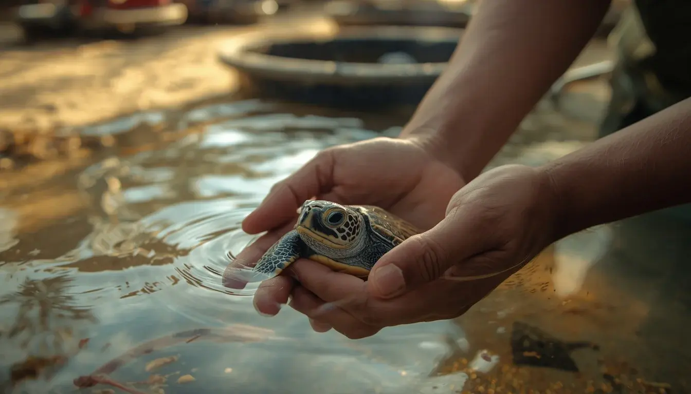 Baby sea turtle in a shallow conservation tank, gently held by a caretaker