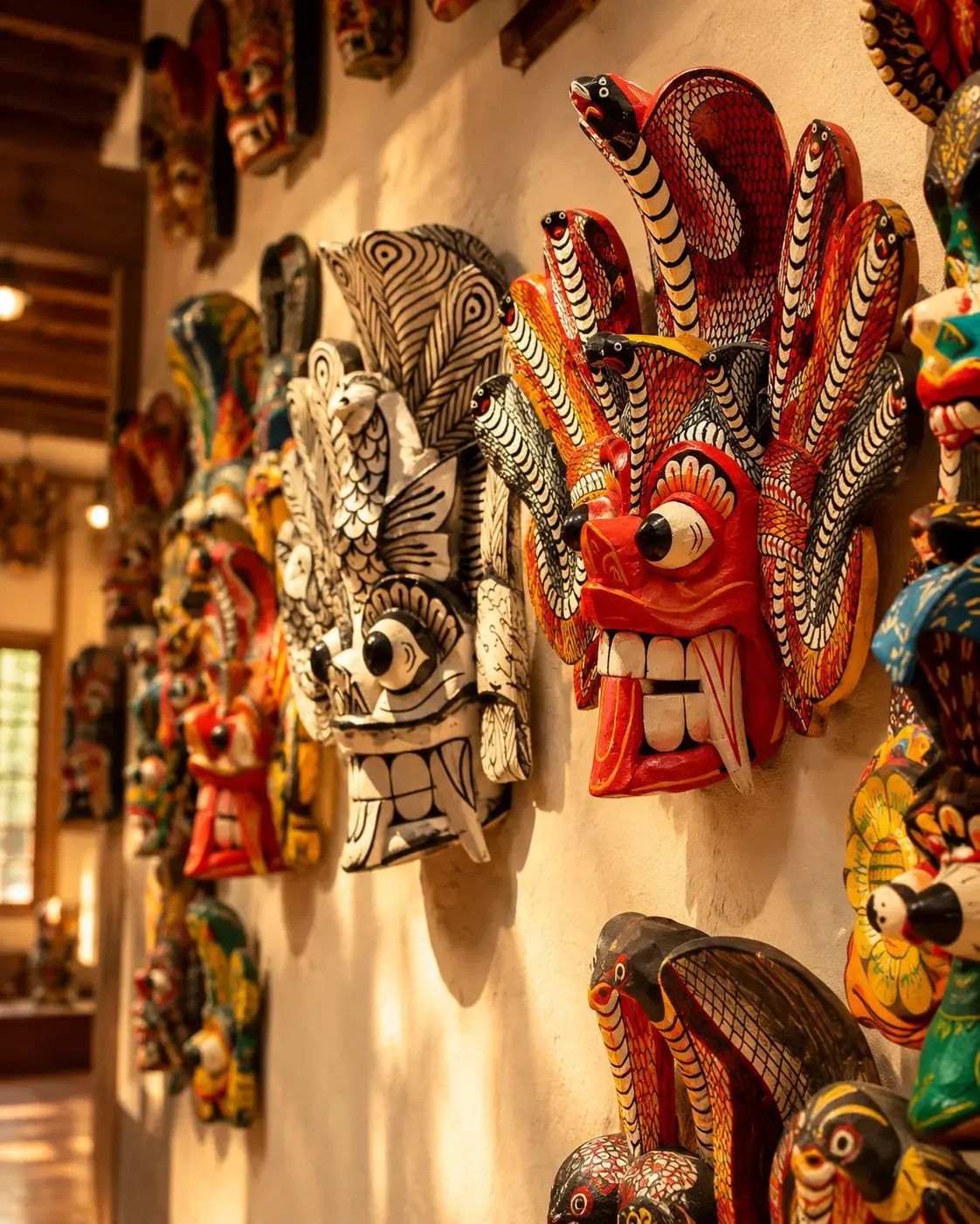 Close-up of traditional hand-carved and painted Sri Lankan wooden masks on display