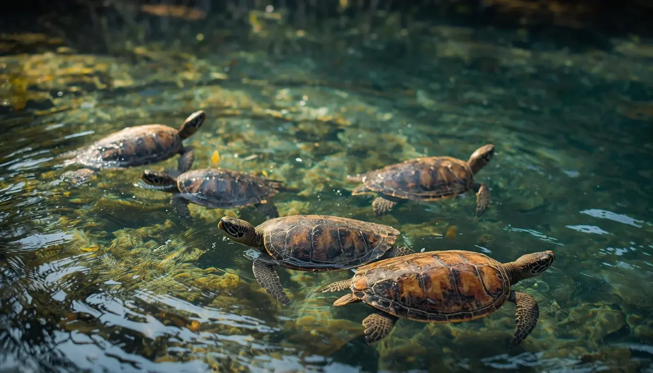 Group of sea turtles resting in a clear conservation pool at a coastal Sri Lankan centre