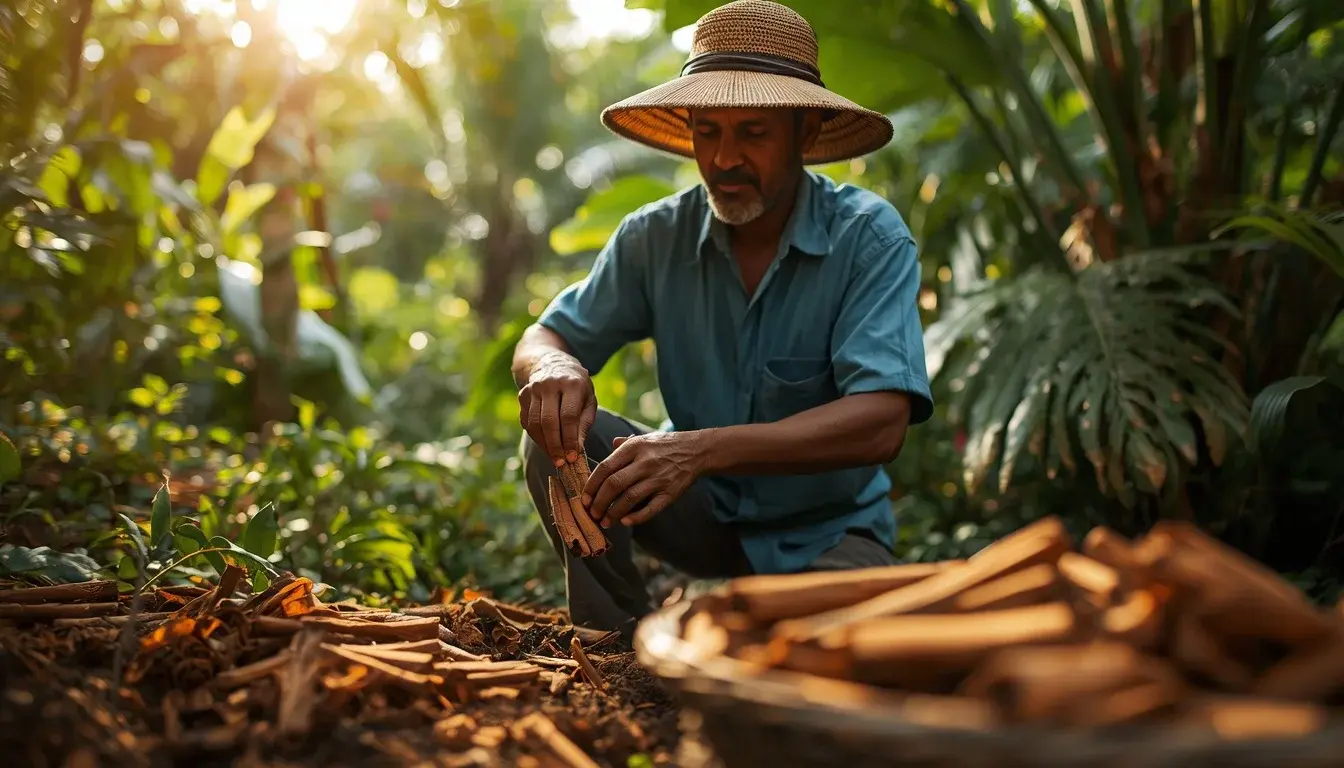 Farmer peeling fresh cinnamon bark by hand in a lush tropical spice garden