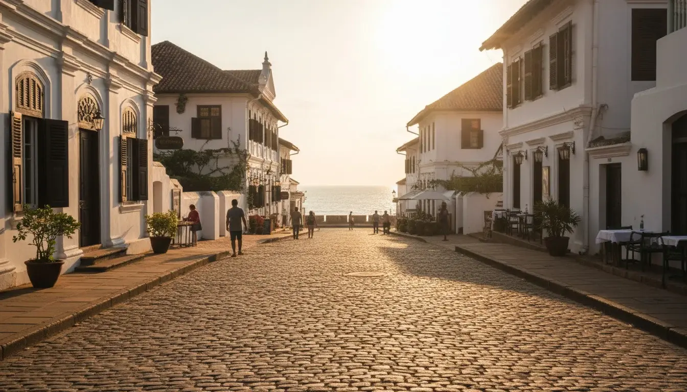 Cobblestone street inside Galle Dutch Fort lined with colonial-era buildings