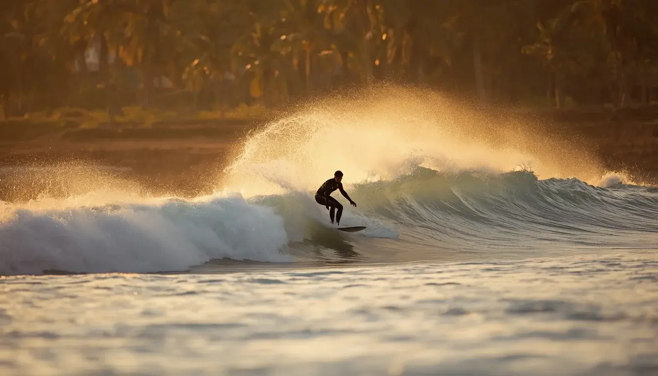 Surfer riding a wave at Hikkaduwa beach in golden late-afternoon light