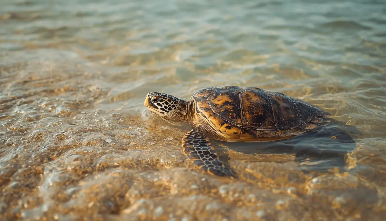 Sea turtle swimming close to shore in shallow clear water at Hikkaduwa Turtle Beach