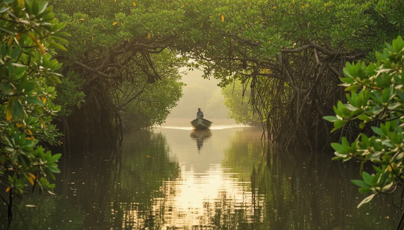 Small wooden boat drifting through the calm mangrove channels of the Madu River