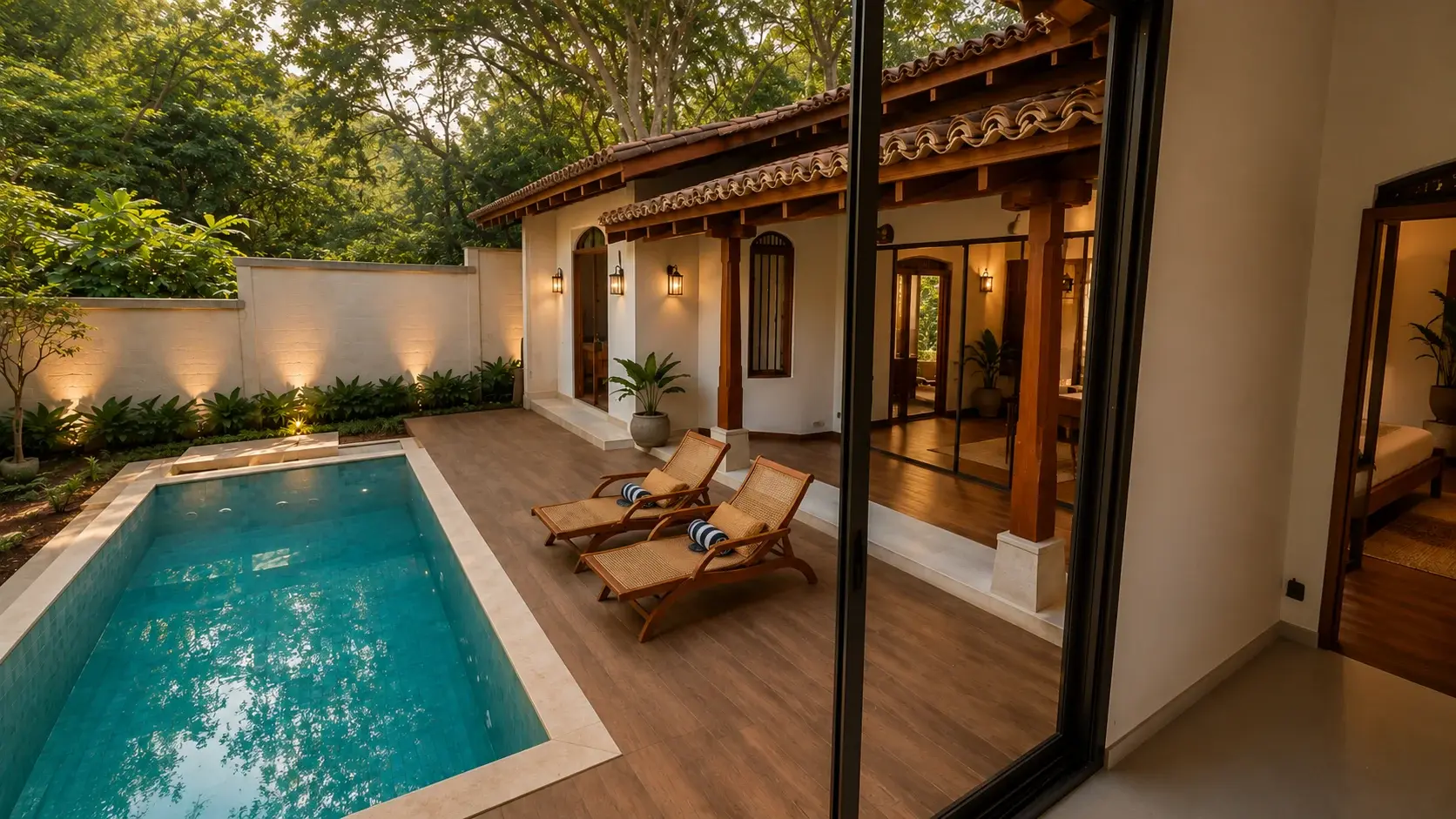 Villa One's private pool deck and open-plan veranda at dusk