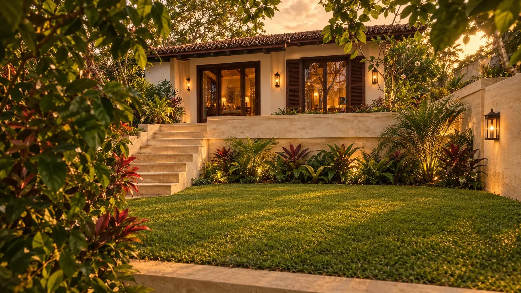 Villa Three's exterior viewed through the surrounding garden at dusk