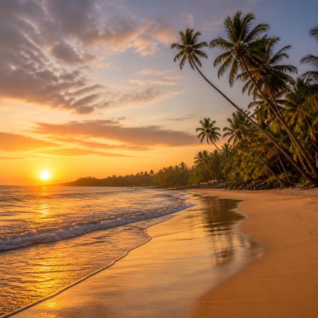 Quiet tropical beach at sunset with leaning palms