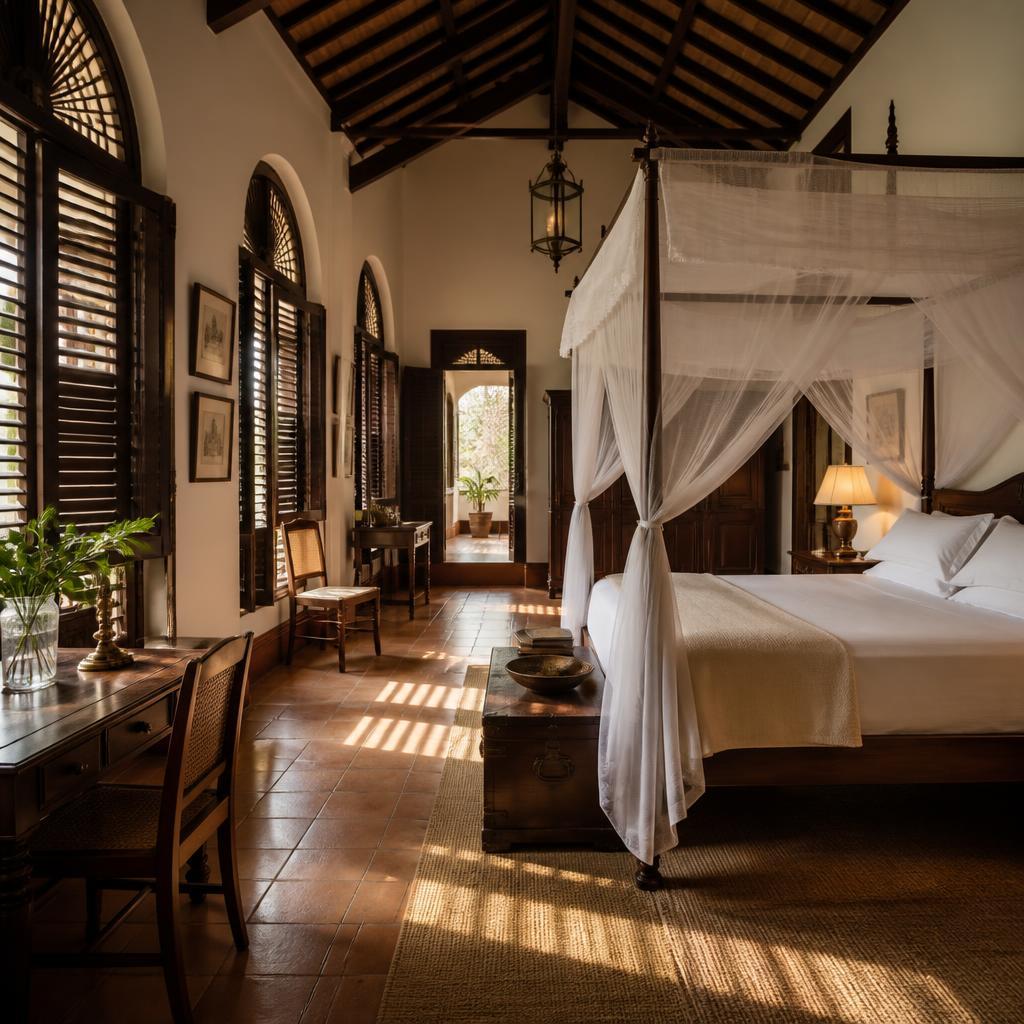 Colonial villa bedroom with four-poster bed and timber shutters