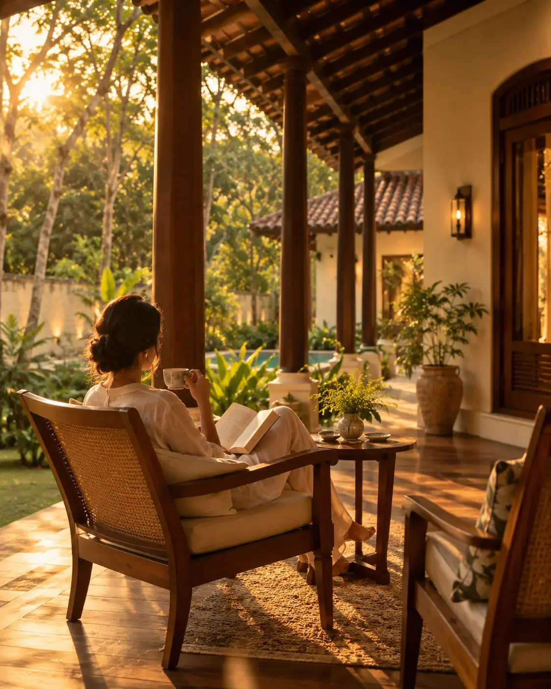Guest relaxing on a veranda beyond the workday, away from the laptop
