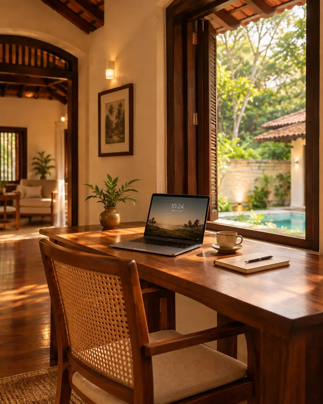 Dedicated desk and workspace set up for remote work in a villa