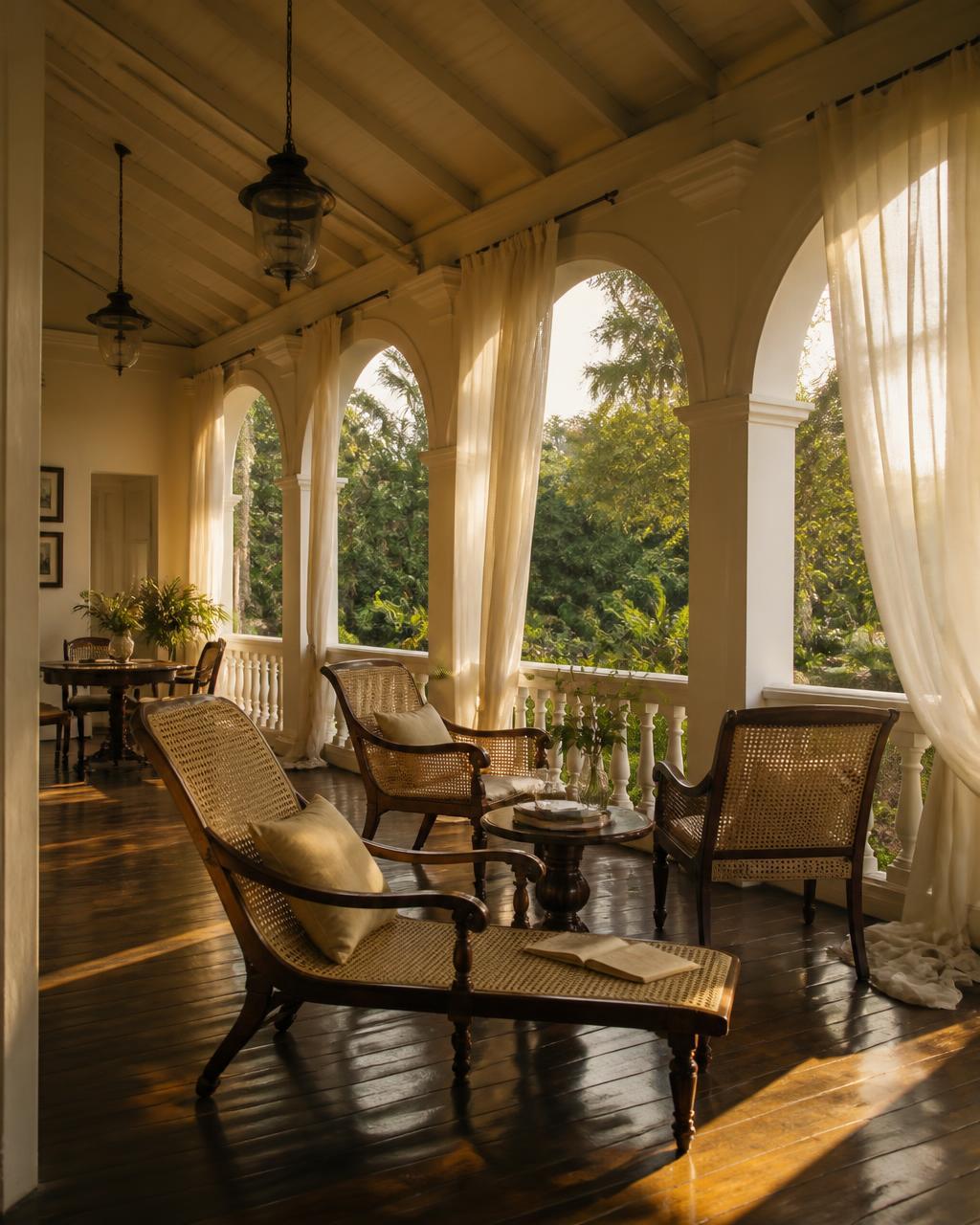 Open colonial veranda with cane furniture and golden afternoon light